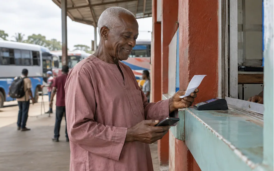 Adult Tanzania customer reviewing a mobile-money receipt beside a portable payment terminal