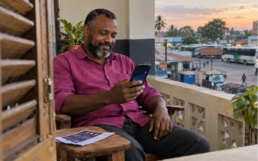 Adult Tanzania reader with a phone showing a defocused game graph and a folded instruction coupon on a veranda