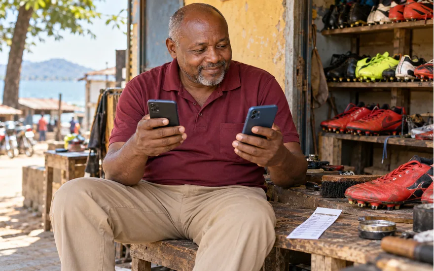 Best betting sites Tanzania comparison illustrated by an adult checking two phones beside a football betting coupon