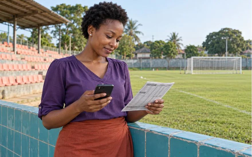 Tanzanian adult reviewing a printed football betting coupon and phone at a local training ground for a betting-site comparison
