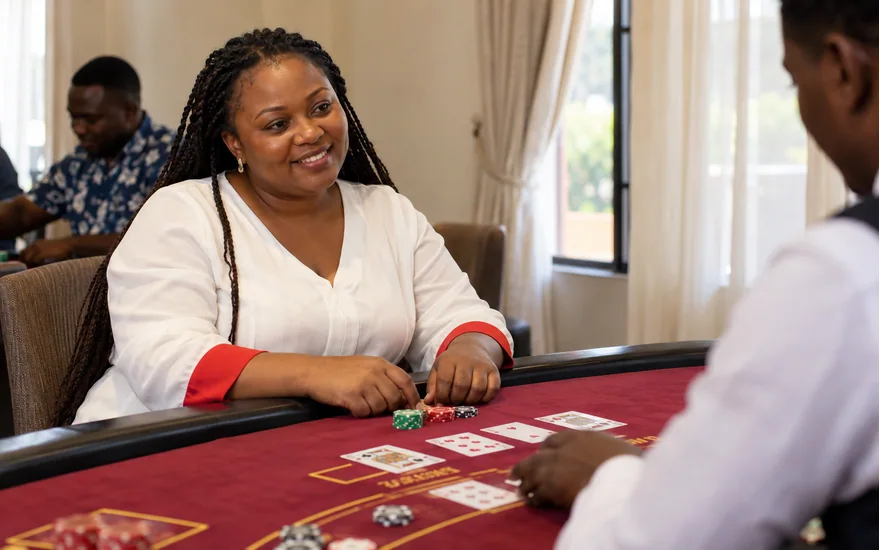 Wasafi Bet casino information illustrated by an adult at an understated blackjack table with cards and plain chips