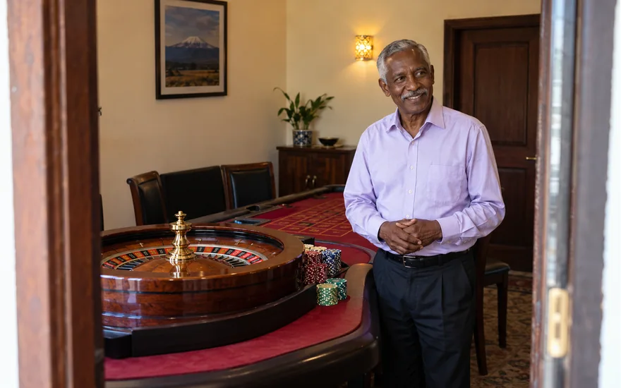 Adult Tanzania visitor beside a roulette wheel in an understated naturally lit gaming room