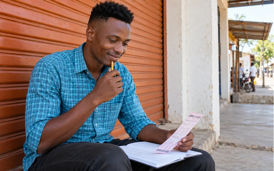 Adult Tanzania reader examining a multi-match coupon beside a closed sports-shop shutter