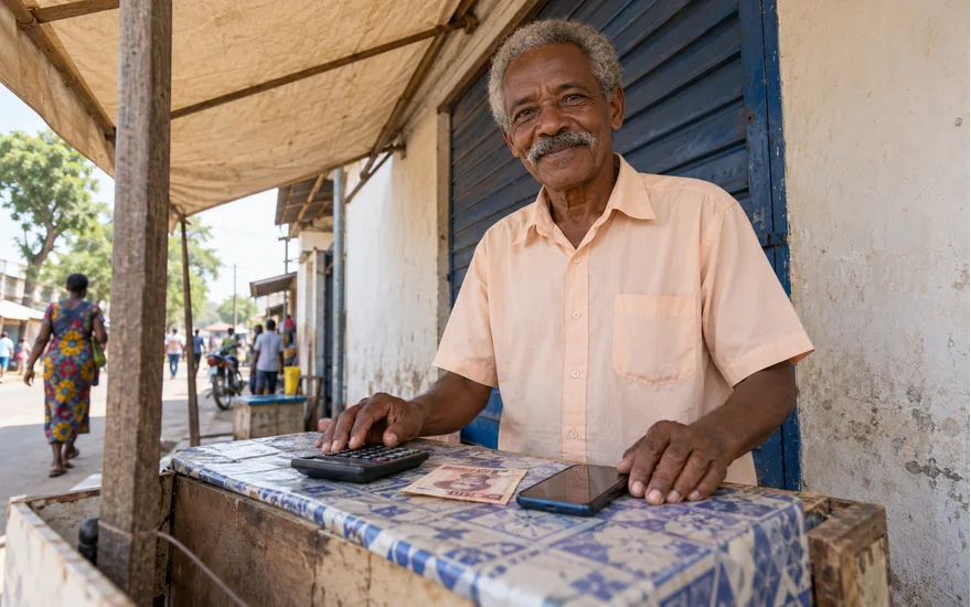 Adult Tanzania reader comparing a calculator, phone and single banknote at a shaded payment table