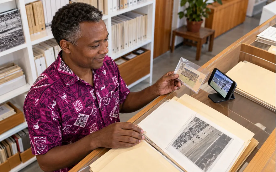 Adult Tanzania reader examining sports documents and a private match ticket beside a phone stand