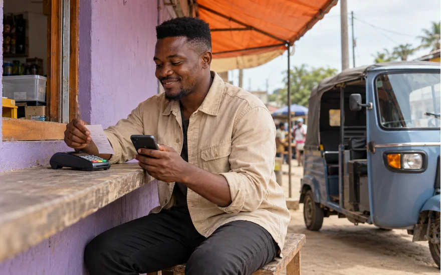 Adult Tanzania reader arranging a phone, receipt and payment terminal beside a parked bajaji