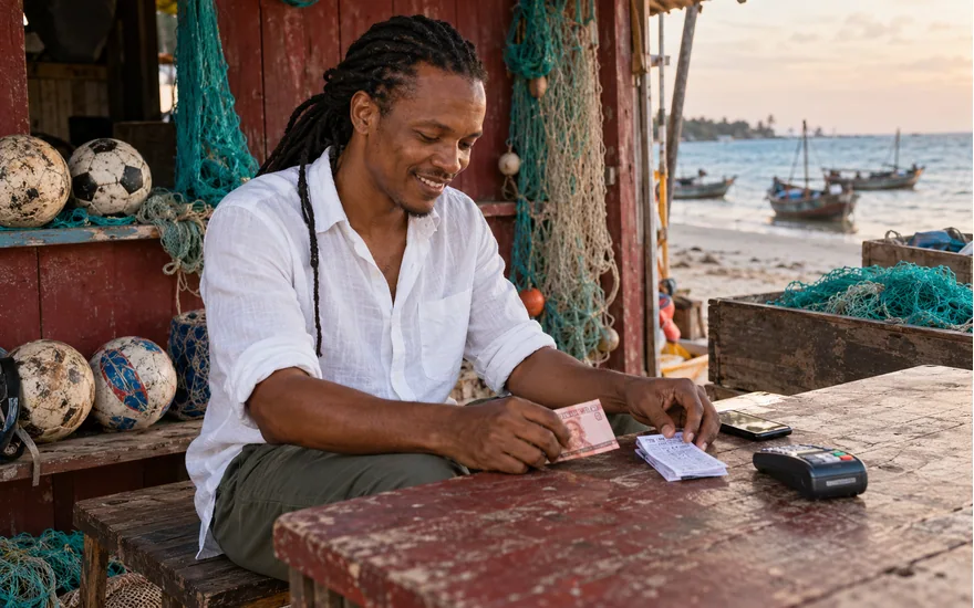Adult Tanzania payment-record scene with a phone, terminal, modest banknote and folded sports coupon