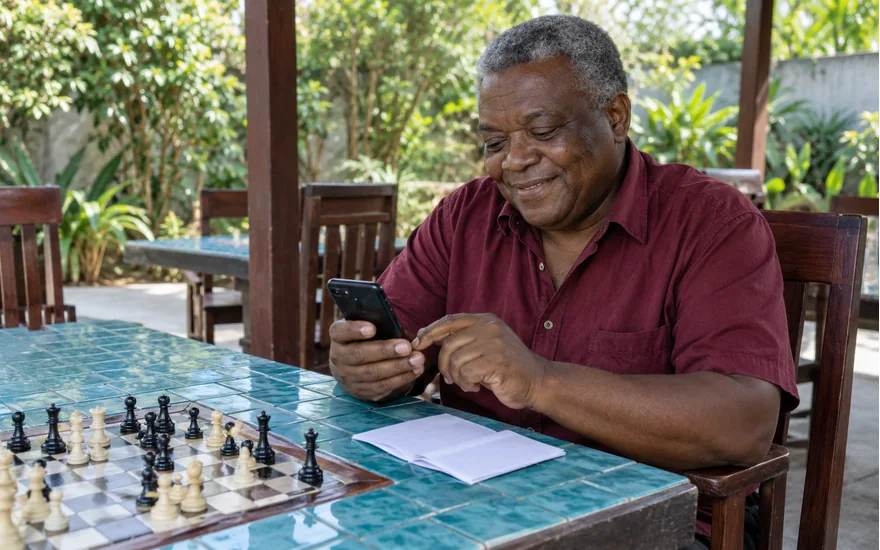 Adult Tanzania reader checking a football coupon and phone at a shaded game table