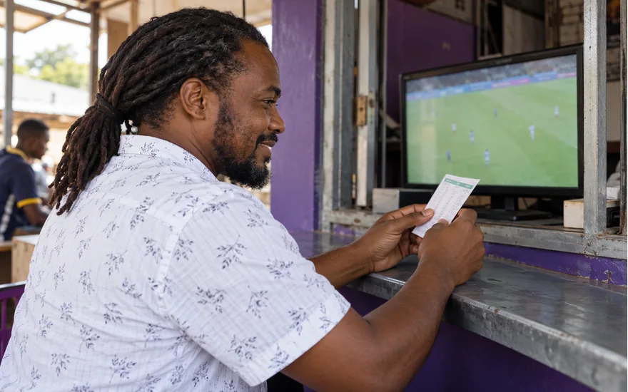 Adult Tanzania reader holding a sports ticket beside a small virtual-football monitor