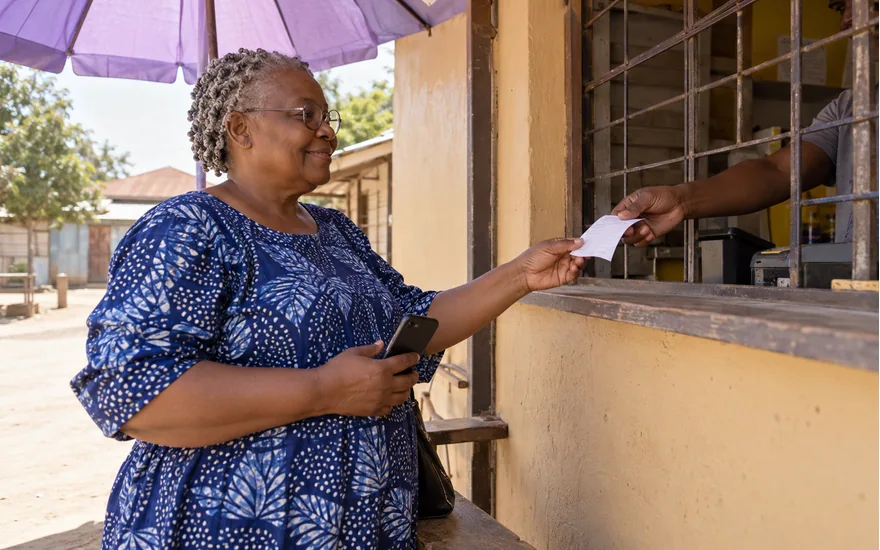 Wasafi Bet withdrawal record illustrated by an adult receiving a payment receipt at a service window