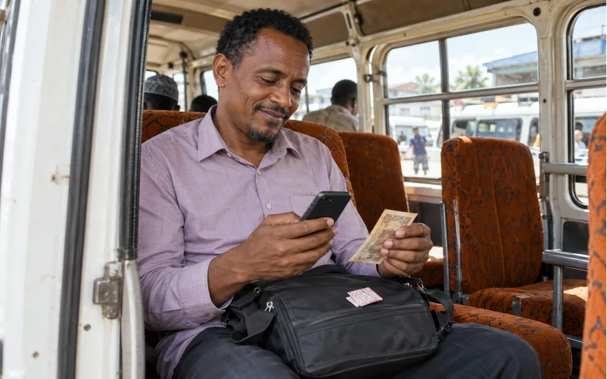 Adult Tanzania passenger comparing a phone record and a modest banknote beside a folded sports coupon